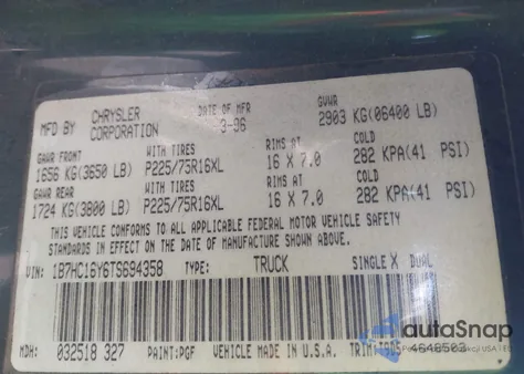 1996 Dodge Ram 1500 from USA, damaged, VIN 1B7HC16Y6TS694358